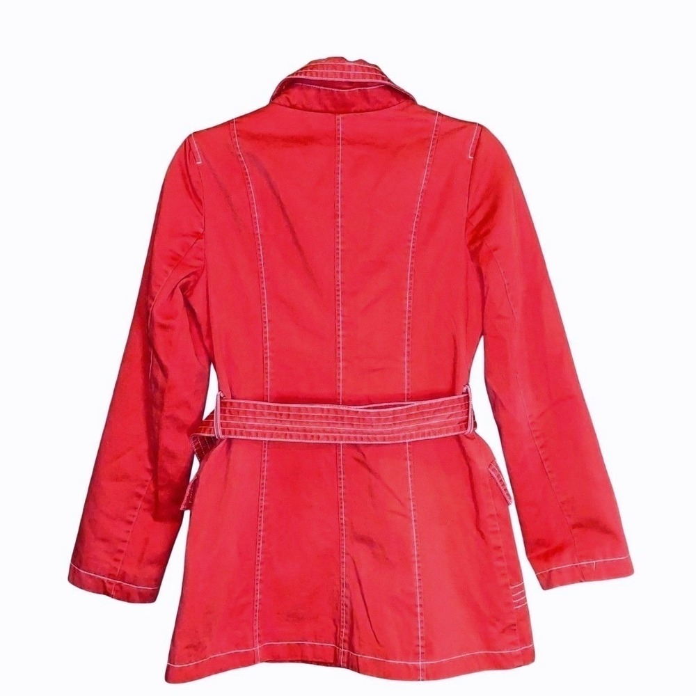 Vtg Y2K‎ Womens PeaCoat 100% Cotton Red Tortoise Buttons White Stitching Sz M - Picture 2 of 11
